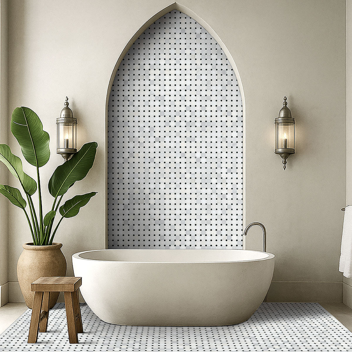 MSI Greecian White 2" Octagon with Black 5/8 x 5/8 Polished Marble mosaic (THDW1-SH-GWO) – MSI room scene (bathroom)