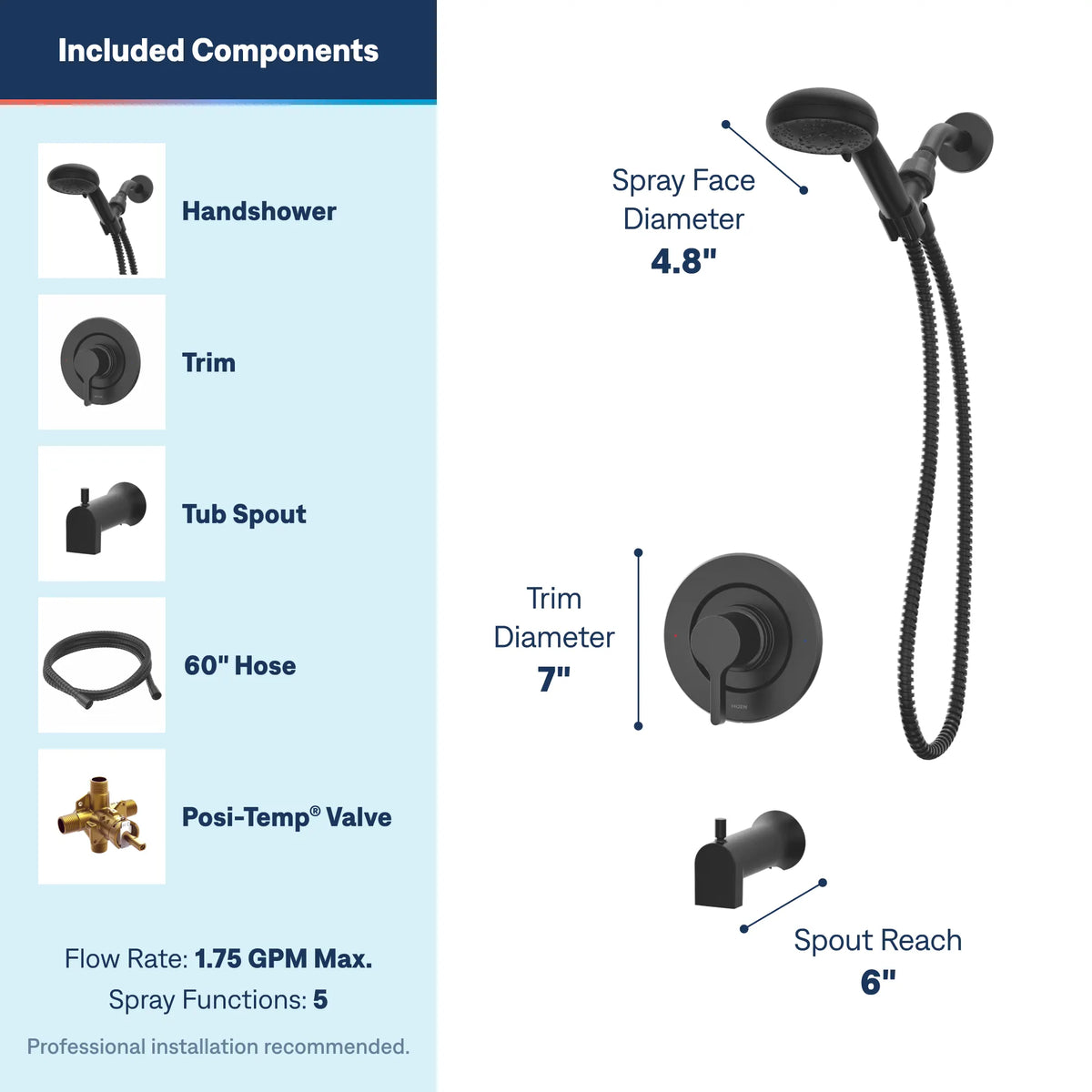 Moen Beric Posi-Temp Tub/Shower 82775 in Matte Black (82775BL) - view 3