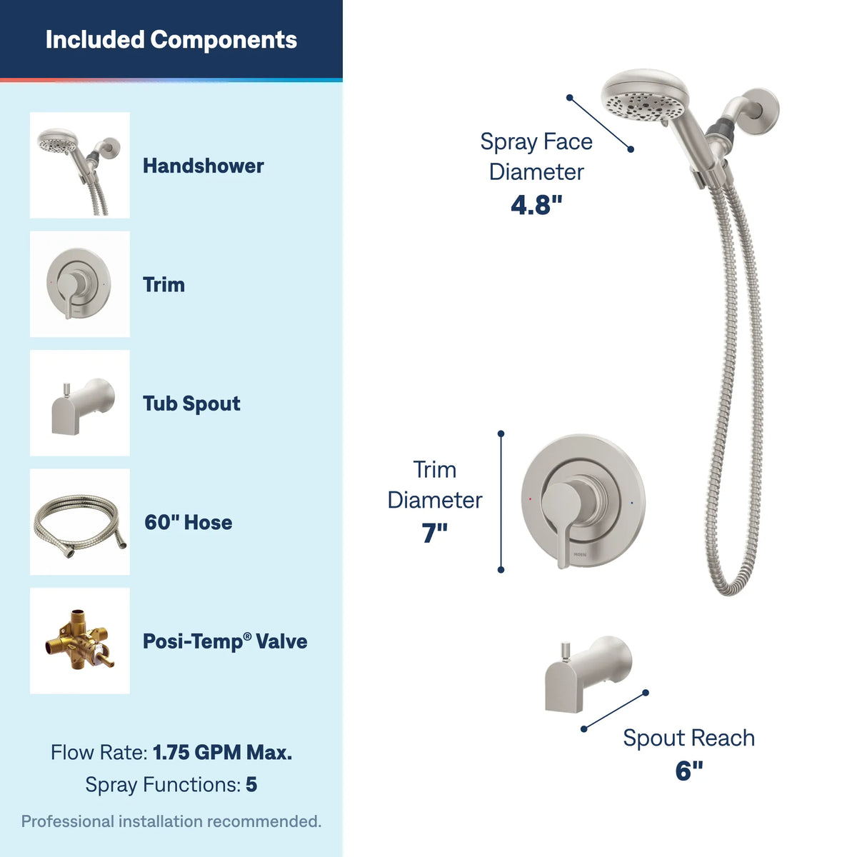 Moen Beric Posi-Temp Tub/Shower 82775 in Spot Resist Brushed Nickel (82775SRN) - view 3