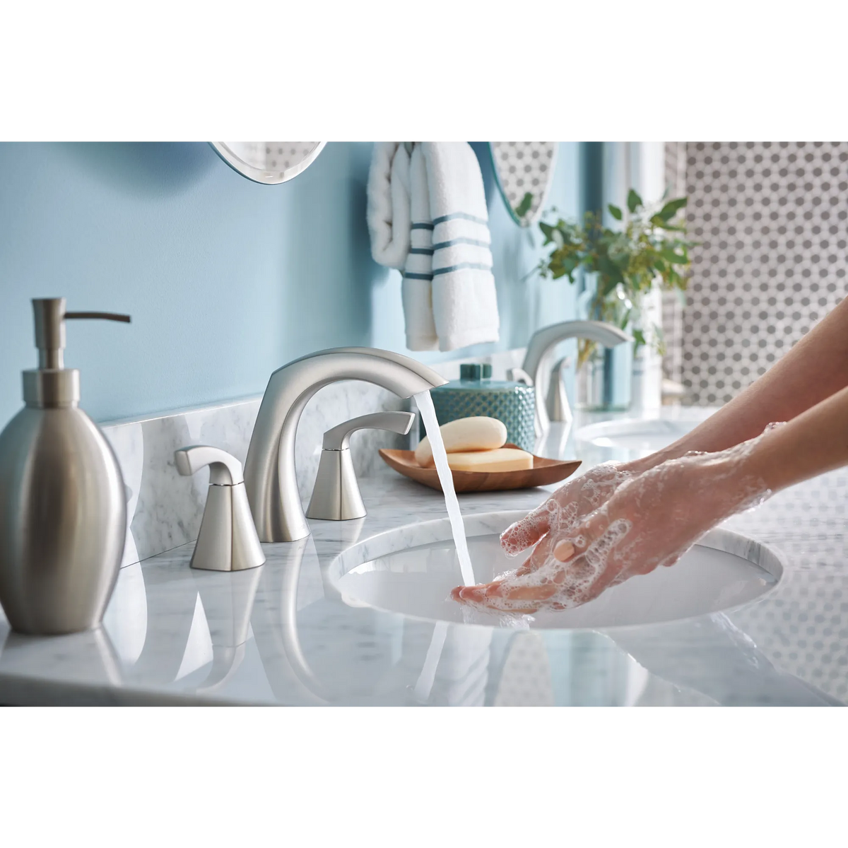 Moen Lindor Two-Handle High-Arc Bathroom Faucet 84504 in Spot Resist Brushed Nickel (84504SRN) - view 7
