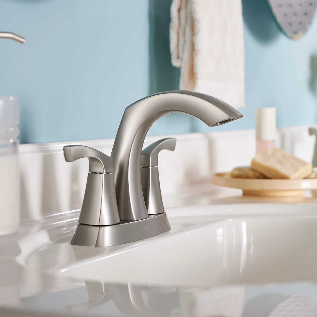 Moen Lindor Two-Handle High-Arc Bathroom Faucet 84506 in Spot Resist Brushed Nickel (84506SRN) - view 2