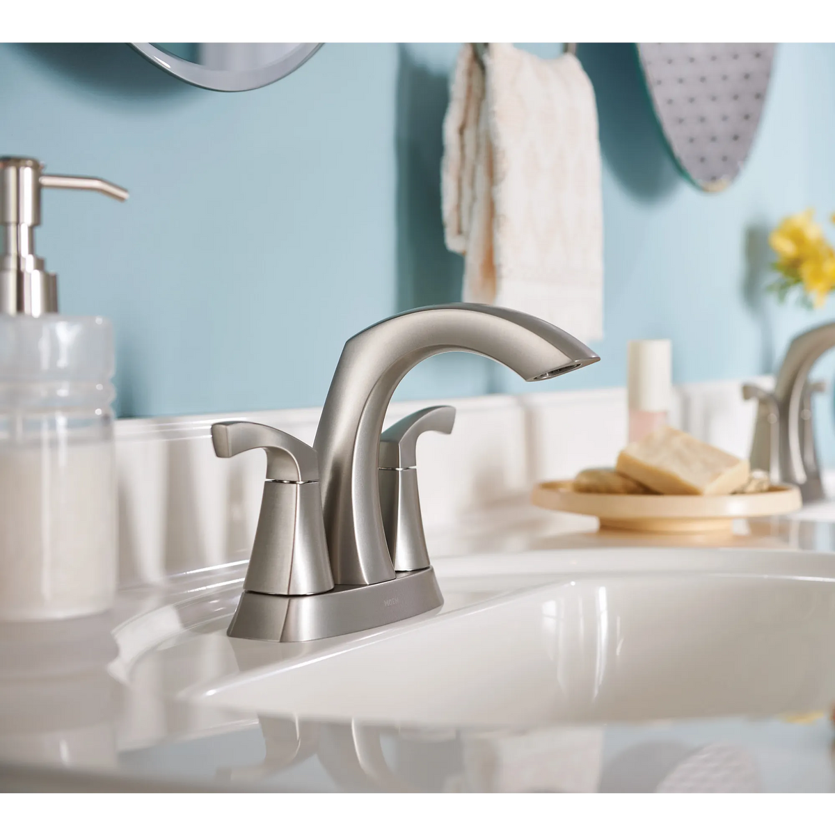 Moen Lindor Two-Handle High-Arc Bathroom Faucet 84506 in Spot Resist Brushed Nickel (84506SRN) - view 5