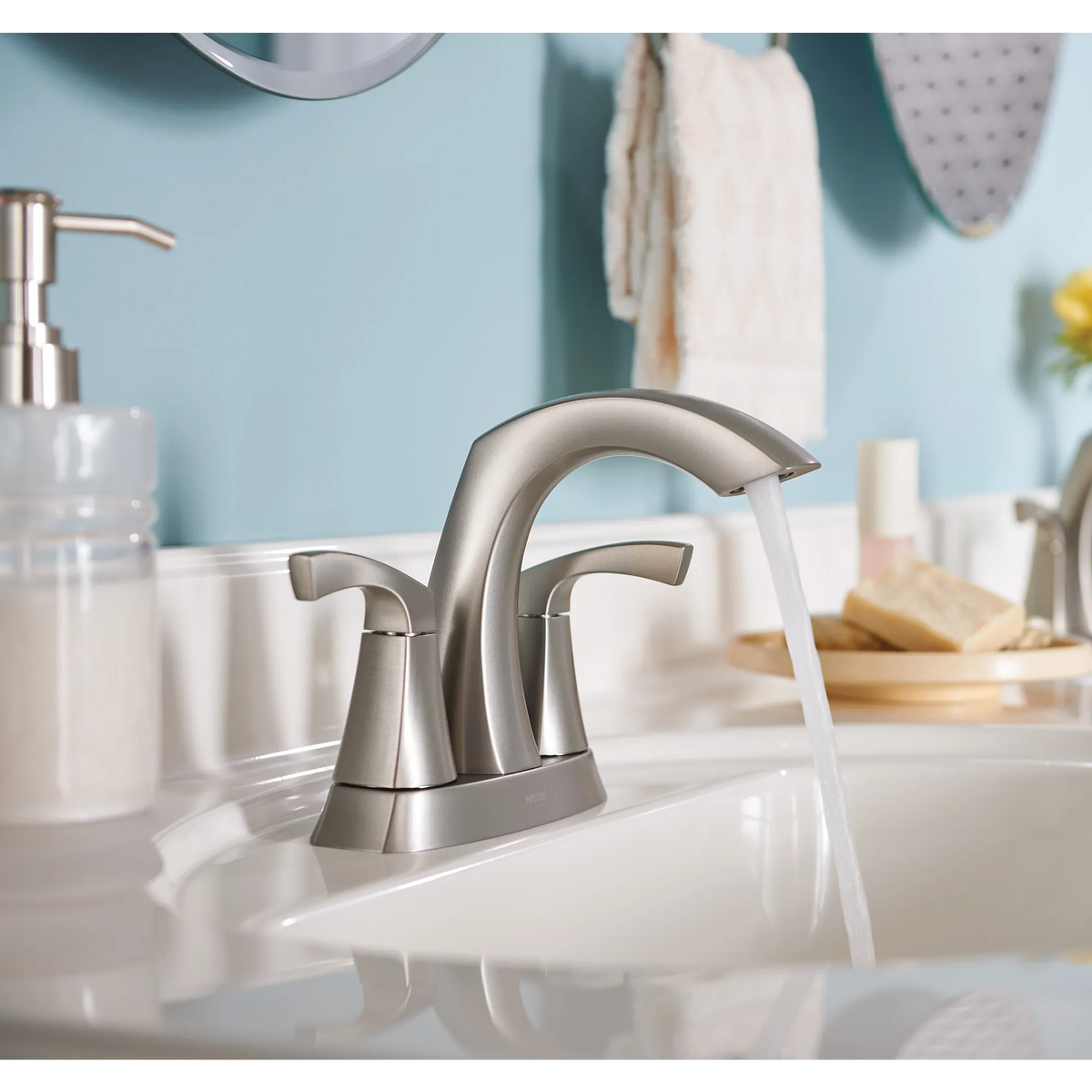 Moen Lindor Two-Handle High-Arc Bathroom Faucet 84506 in Spot Resist Brushed Nickel (84506SRN) - view 6
