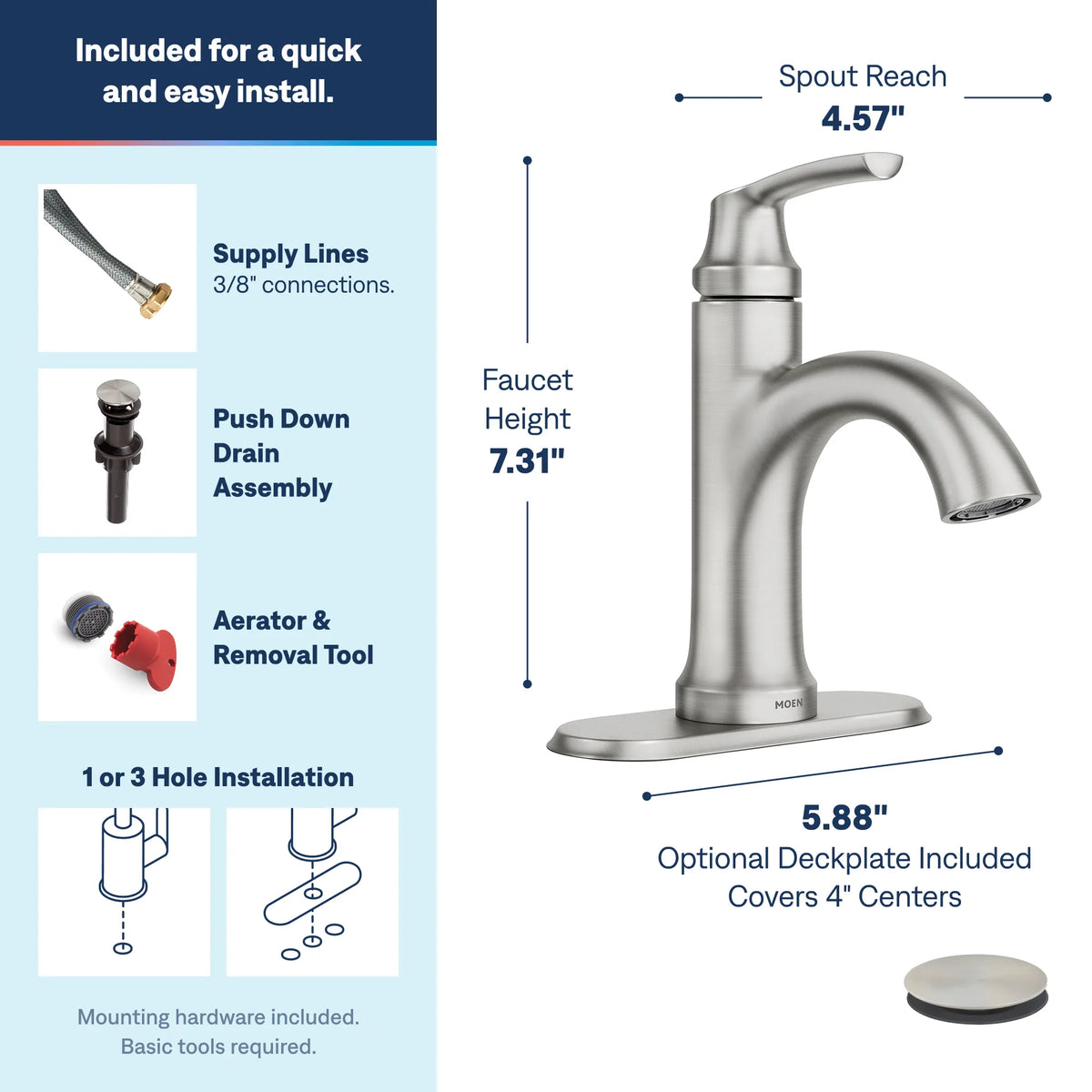 Moen Wellton Single-Handle Centerset Faucet 84980 in Spot Resist Brushed Nickel (84980SRN) - view 3