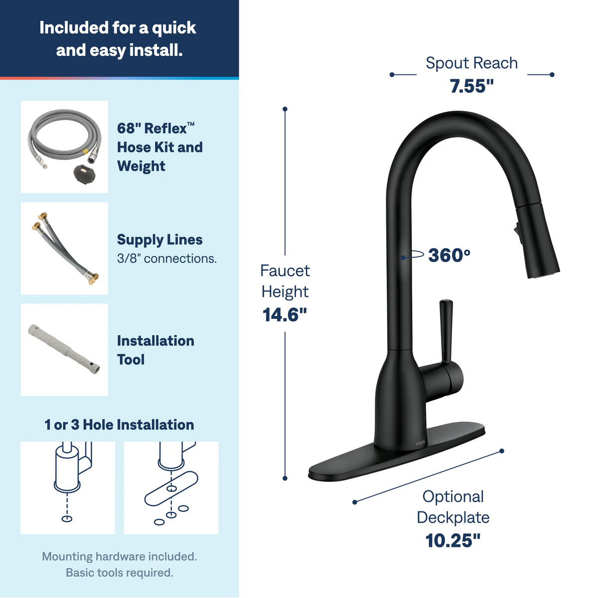 Moen Adler Single-Handle High-Arc Pulldown Kitchen Faucet 87233 in Matte Black (87233BL) - view 3