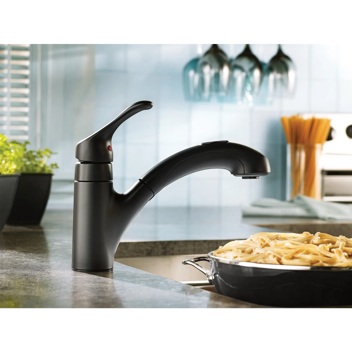 Moen Renzo Single-Handle Low-Arc Pullout Kitchen Faucet CA87316 in Matte Black (CA87316BL) - view 2