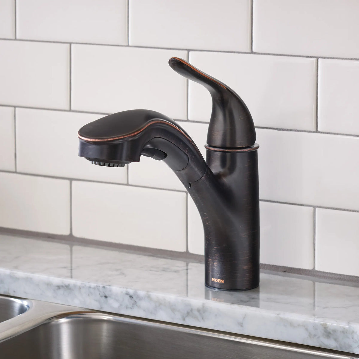 Moen Brecklyn Single-Handle Low-Arc Pullout Kitchen Faucet 87557 in Mediterranean Bronze (87557BRB) - view 2