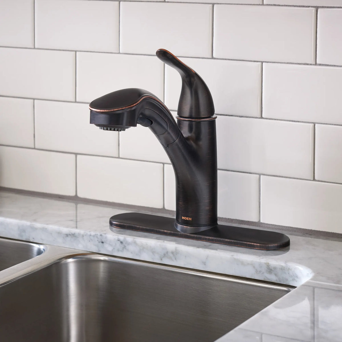 Moen Brecklyn Single-Handle Low-Arc Pullout Kitchen Faucet 87557 in Mediterranean Bronze (87557BRB) - view 3