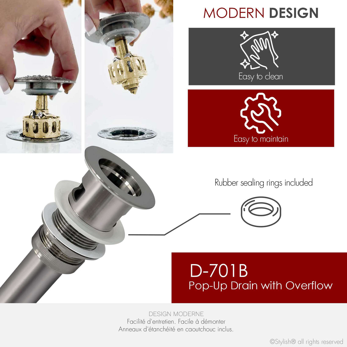Stylish Pop-Up Bathroom Sink Drains Set with Overflow Brushed Nickel D-701B2
