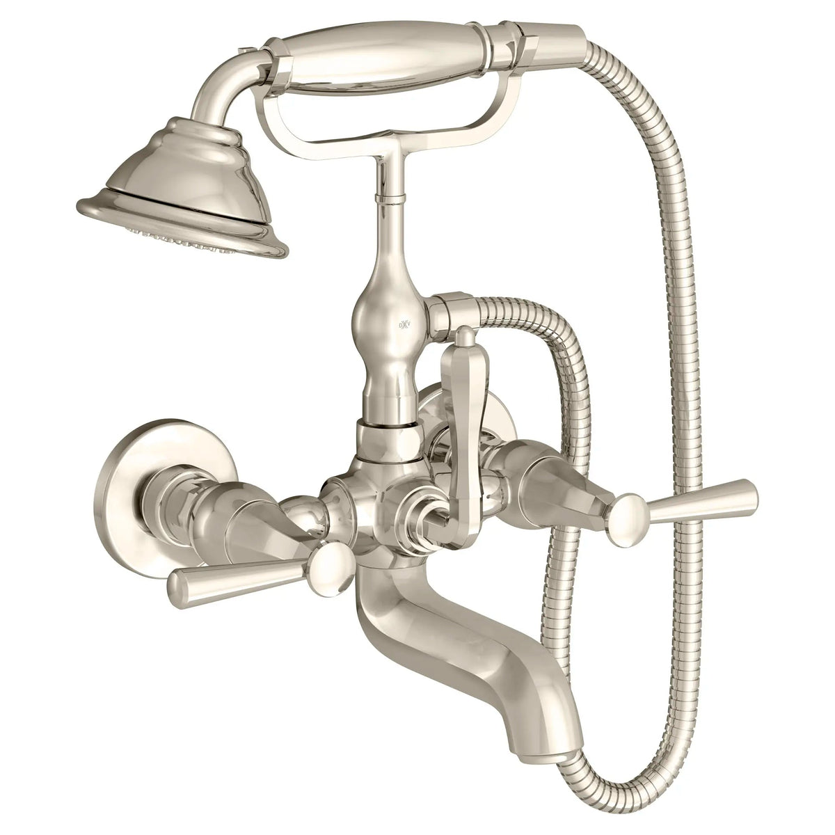 DXV Fitzgerald Wall Mount Bathtub Faucet with Hand Shower and Lever Handles in Platinum Nickel (D35160980.150)