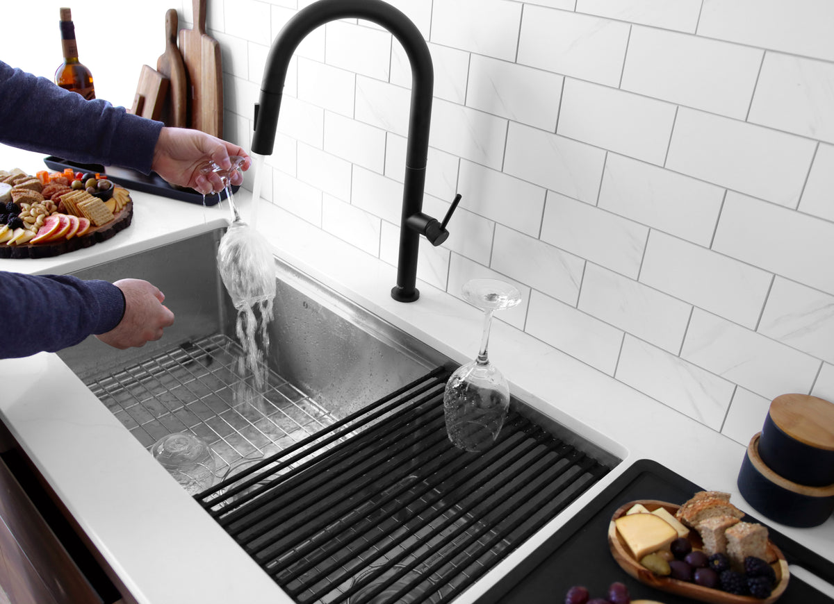 Stylish Multipurpose Over Sink Roll-Up Dish Drying Rack Black A-902BK