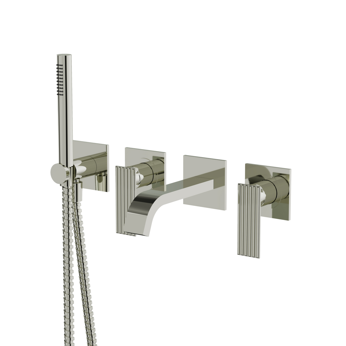 Aquabrass Tosca Wallmount Tub Filler with Handshower and 2 Mixers 34004 in polished nickel