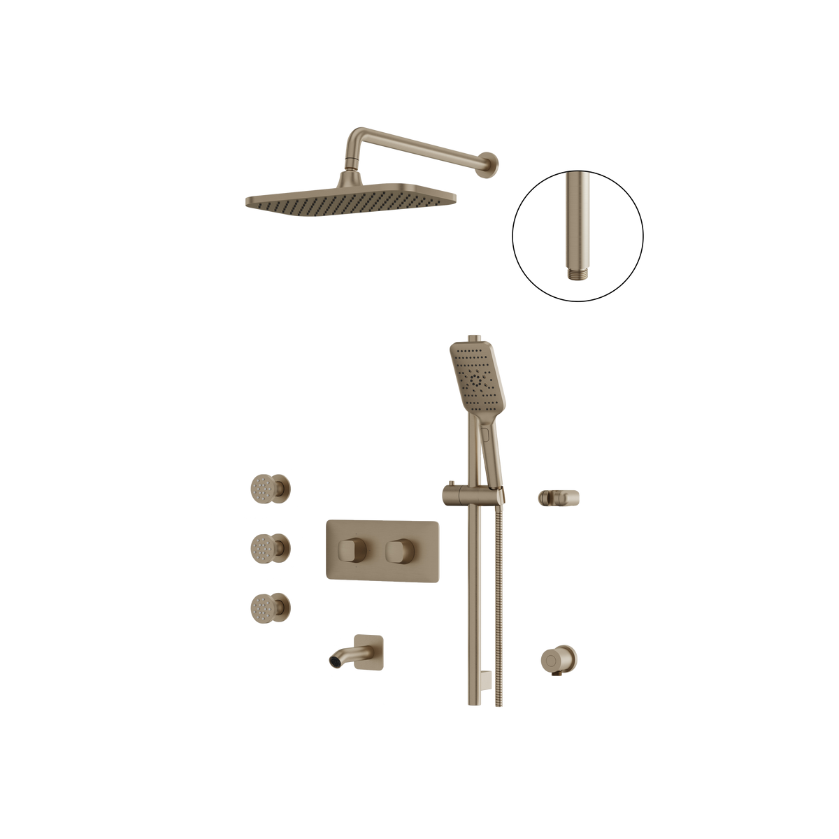 Aquabrass INABOX03 Clip-On Thermostatic 3-Way Shared Shower Kit with 14" x 8" Rainhead, Body Jets & Handshower in brushed nickel
