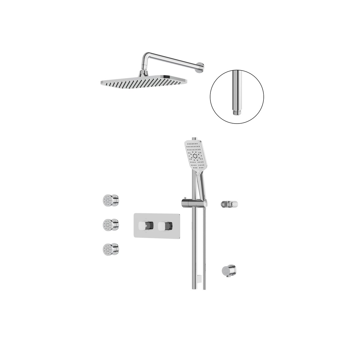 Aquabrass INABOX03 Clip-On Thermostatic 3-Way Shared Shower Kit with 14" x 8" Rainhead, Body Jets & Handshower in polished chrome