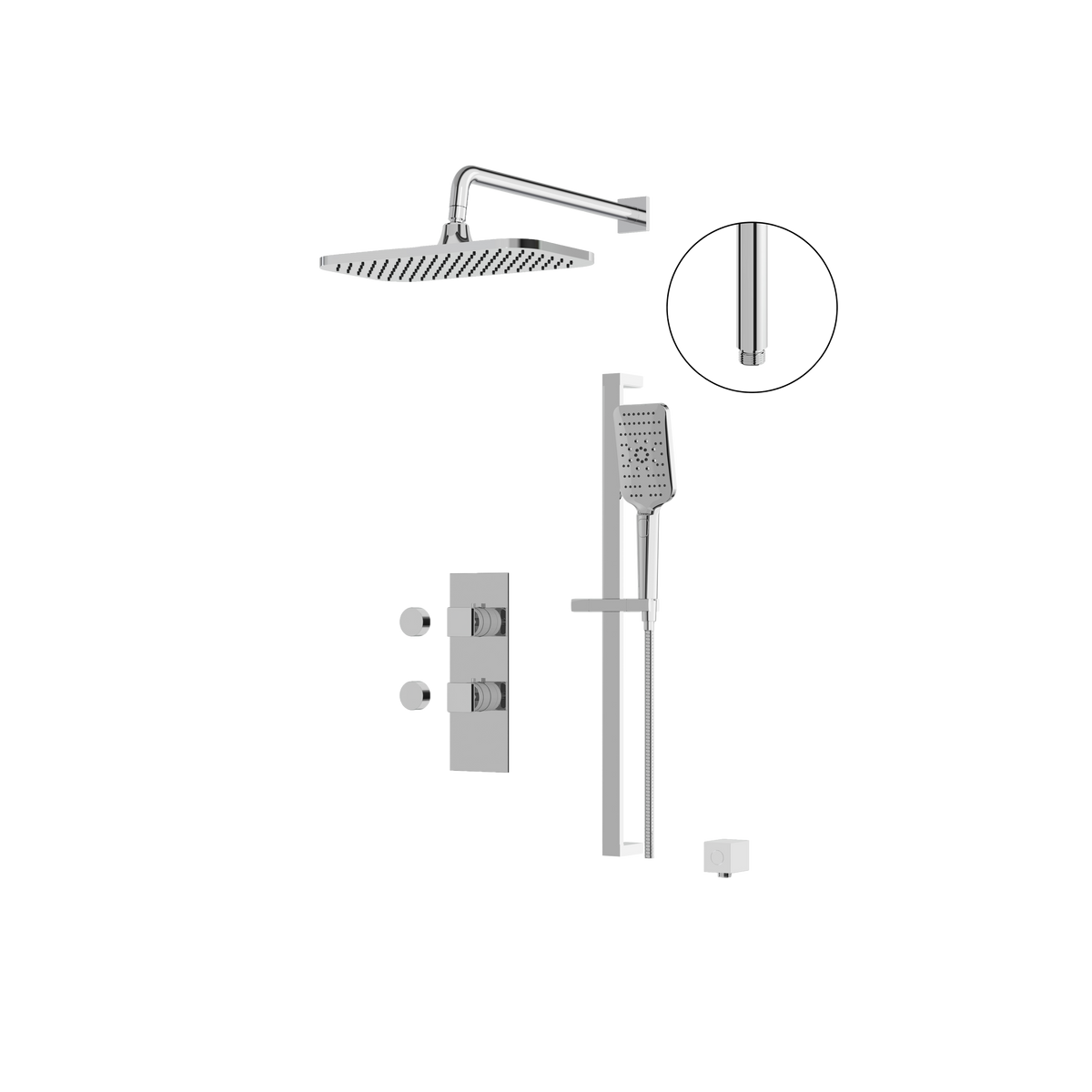 Aquabrass MIAMIBOX01G Square Thermostatic 2-Way Non-Shared Shower Kit with 14" x 8" Rainhead & Handshower in polished chrome