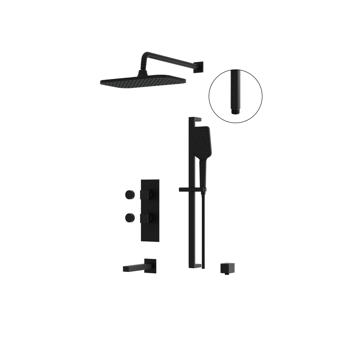 Aquabrass MIAMIBOX02 Square Thermostatic 3-Way Shared Tub & Shower Kit with 14" x 8" Rainhead & Handshower in electro black
