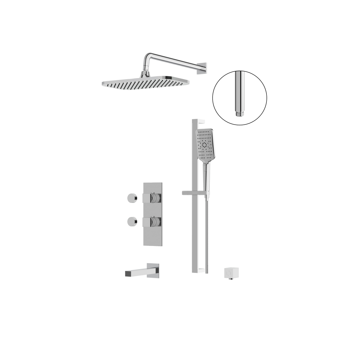 Aquabrass MIAMIBOX02G Square Thermostatic 3-Way Non-Shared Tub & Shower Kit with 14" x 8" Rainhead & Handshower in polished chrome