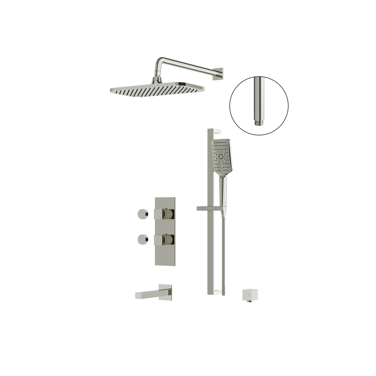 Aquabrass MIAMIBOX02 Square Thermostatic 3-Way Shared Tub & Shower Kit with 14" x 8" Rainhead & Handshower in polished nickel