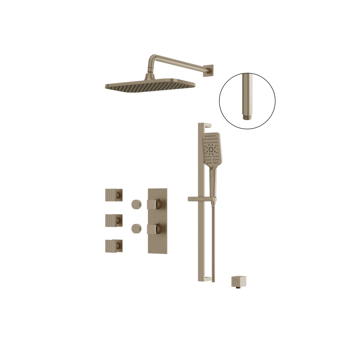 Aquabrass MIAMIBOX03 Square Thermostatic 3-Way Shared Shower Kit with 14" x 8" Rainhead, Body Jets & Handshower in brushed nickel