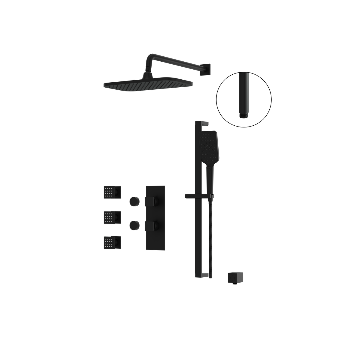 Aquabrass MIAMIBOX03G Square Thermostatic 3-Way Non-Shared Shower Kit with 14" x 8" Rainhead, Body Jets & Handshower in electro black