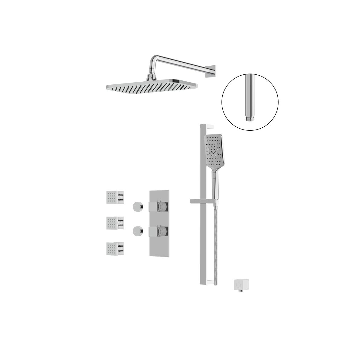 Aquabrass MIAMIBOX03 Square Thermostatic 3-Way Shared Shower Kit with 14" x 8" Rainhead, Body Jets & Handshower in polished chrome