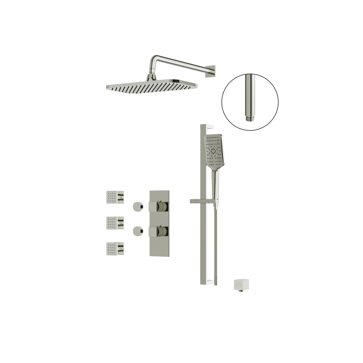 Aquabrass MIAMIBOX03 Square Thermostatic 3-Way Shared Shower Kit with 14" x 8" Rainhead, Body Jets & Handshower in polished nickel