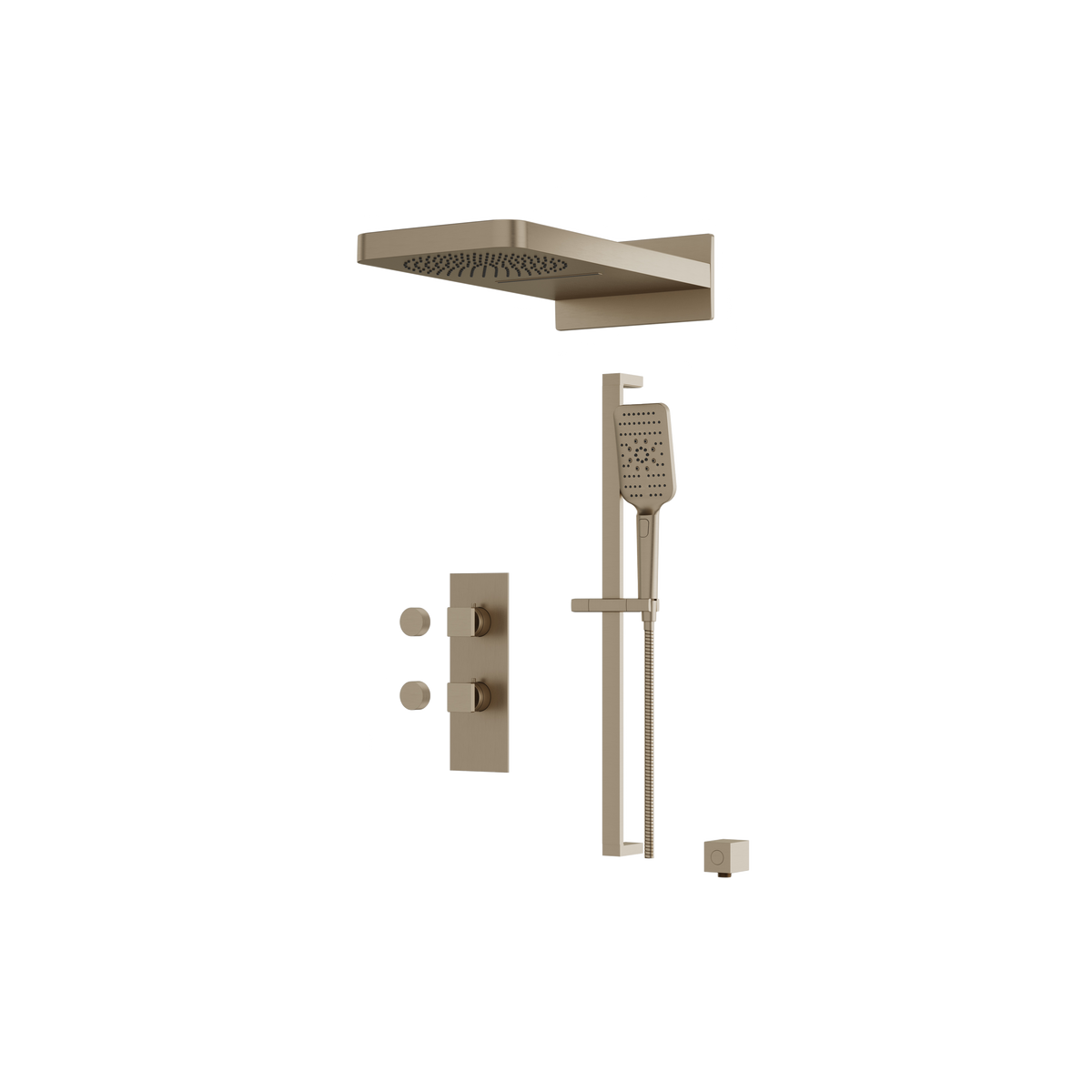 Aquabrass MIAMIBOX04 Square Thermostatic 3-Way Shared Shower Kit with Aquasheet Dual Function Rainhead & Handshower in brushed nickel
