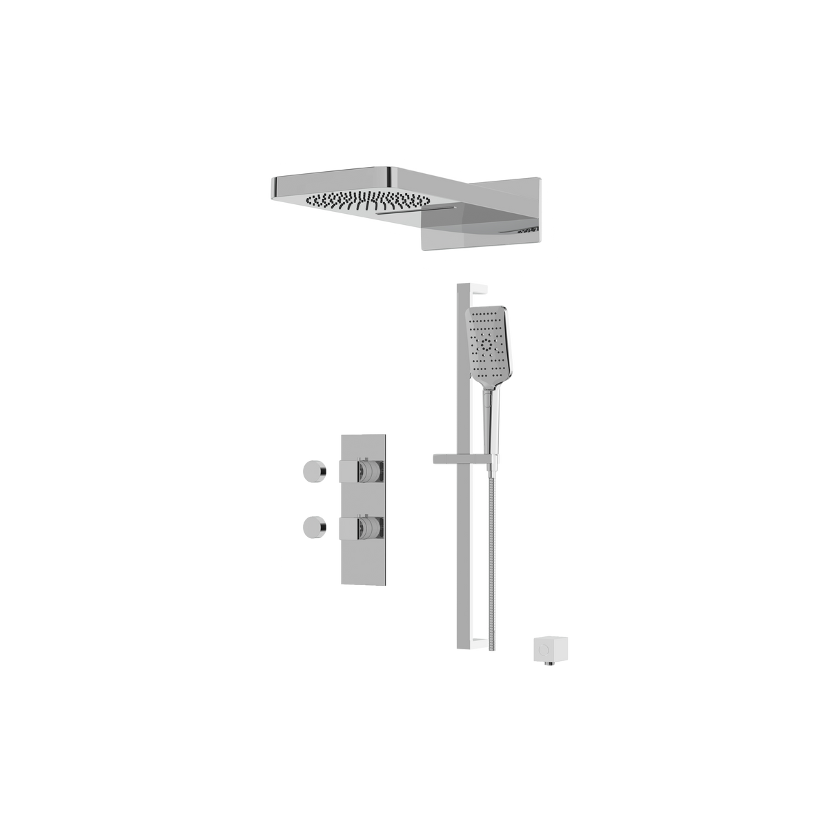 Aquabrass MIAMIBOX04 Square Thermostatic 3-Way Shared Shower Kit with Aquasheet Dual Function Rainhead & Handshower in polished chrome