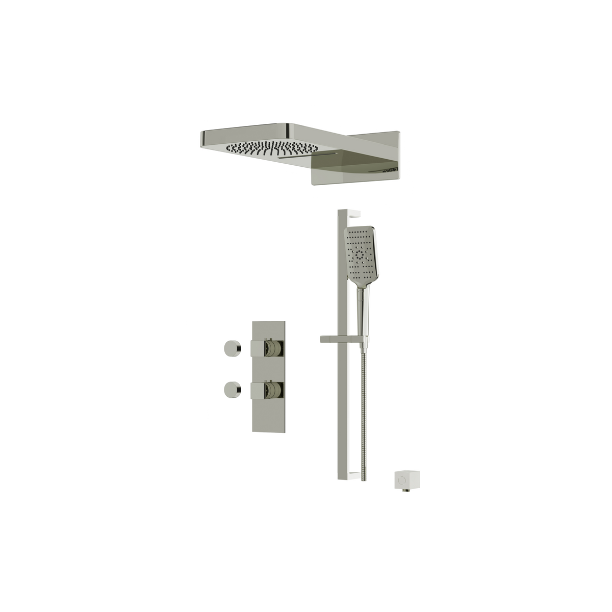 Aquabrass MIAMIBOX04 Square Thermostatic 3-Way Shared Shower Kit with Aquasheet Dual Function Rainhead & Handshower in polished nickel