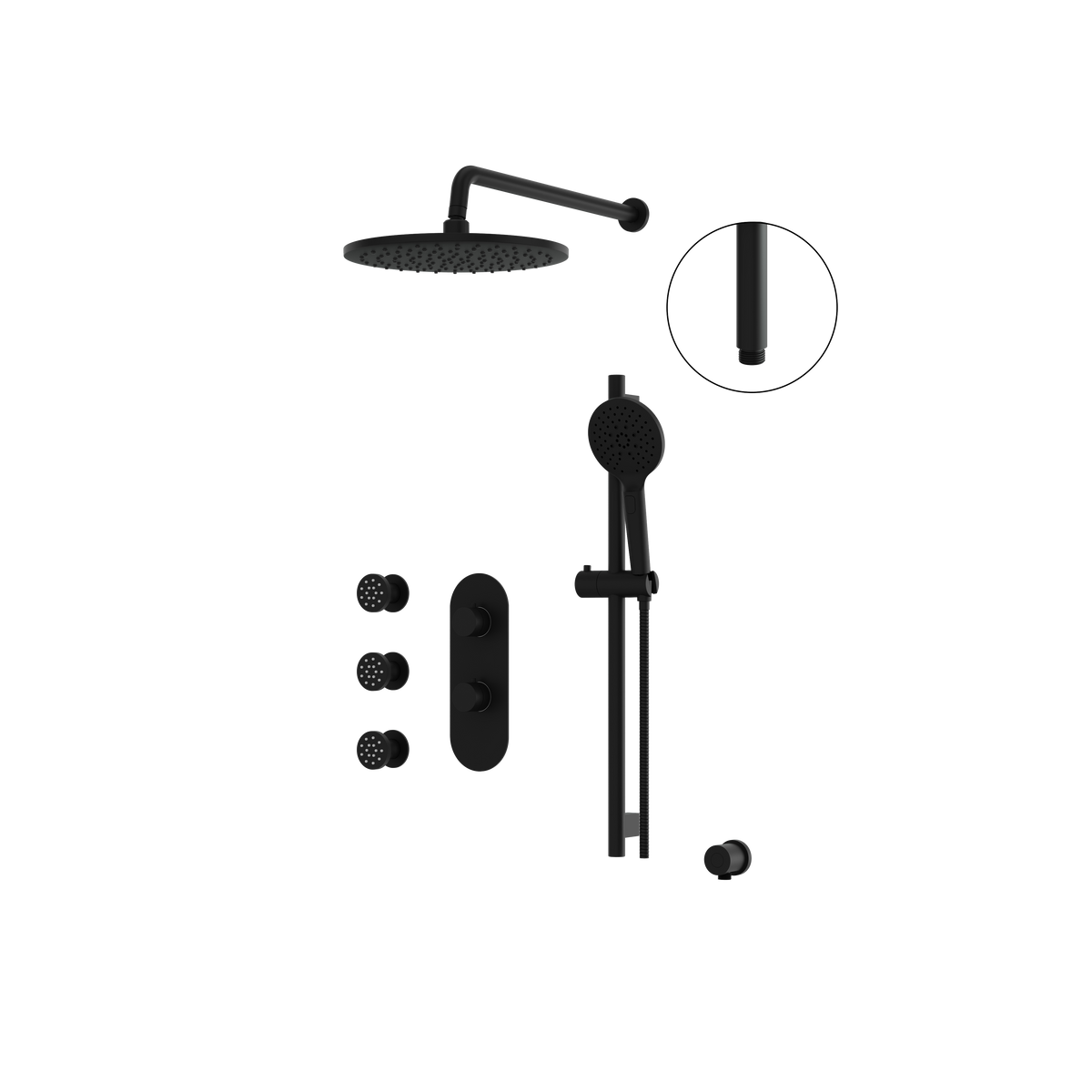 Aquabrass SHOWERBOX03 Round Thermostatic 3-Way Shared Shower Kit with 12" Round Rainhead, Body Jets & Handshower in electro black