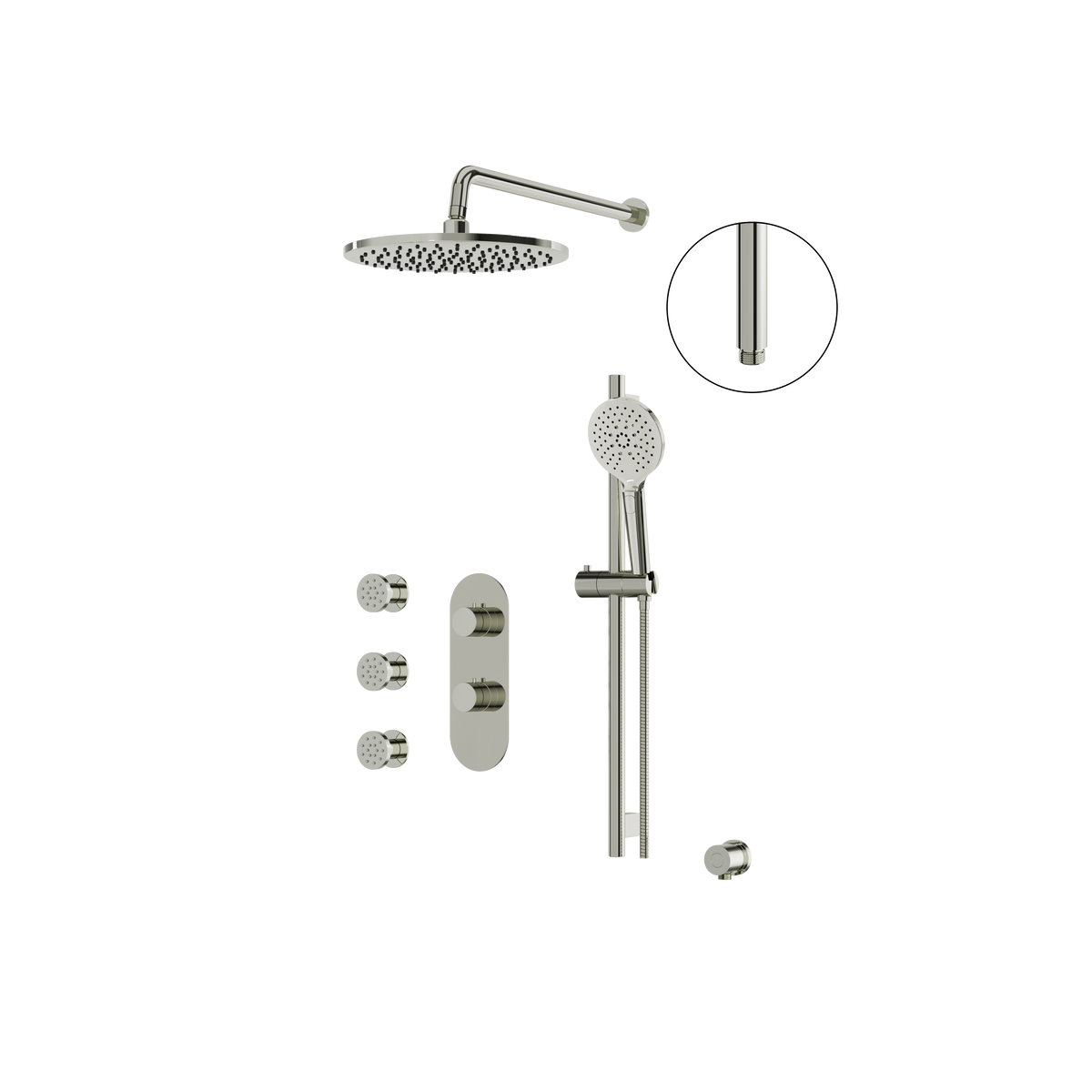 Aquabrass SHOWERBOX03 Round Thermostatic 3-Way Shared Shower Kit with 12" Round Rainhead, Body Jets & Handshower in polished nickel