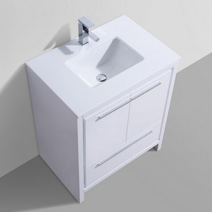 KubeBath Dolce 30″ High Gloss White Modern Bathroom Vanity With Quartz Countertop Kube Bath