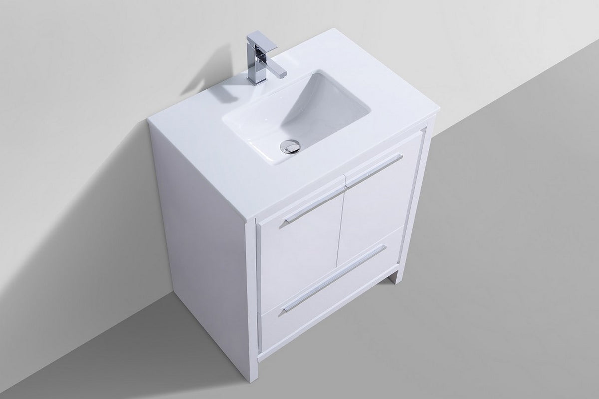 KubeBath Dolce 30″ High Gloss White Modern Bathroom Vanity with White Quartz Counter-Top - Gloss White (AD630GW) view 3