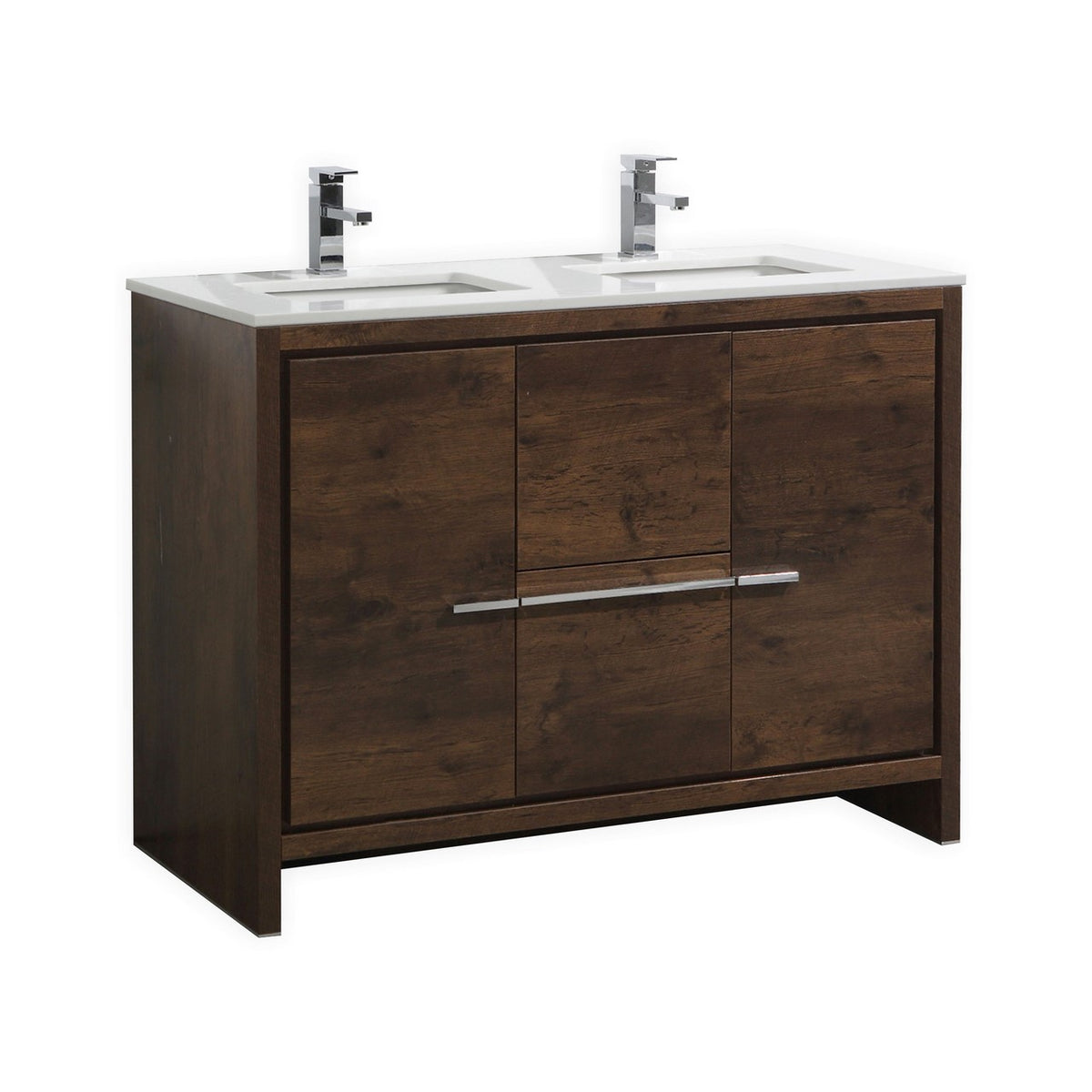 KubeBath Dolce 48″ Double Sink Modern Bathroom Vanity with Quartz Counter-Top - Rosewood (AD648DRW)