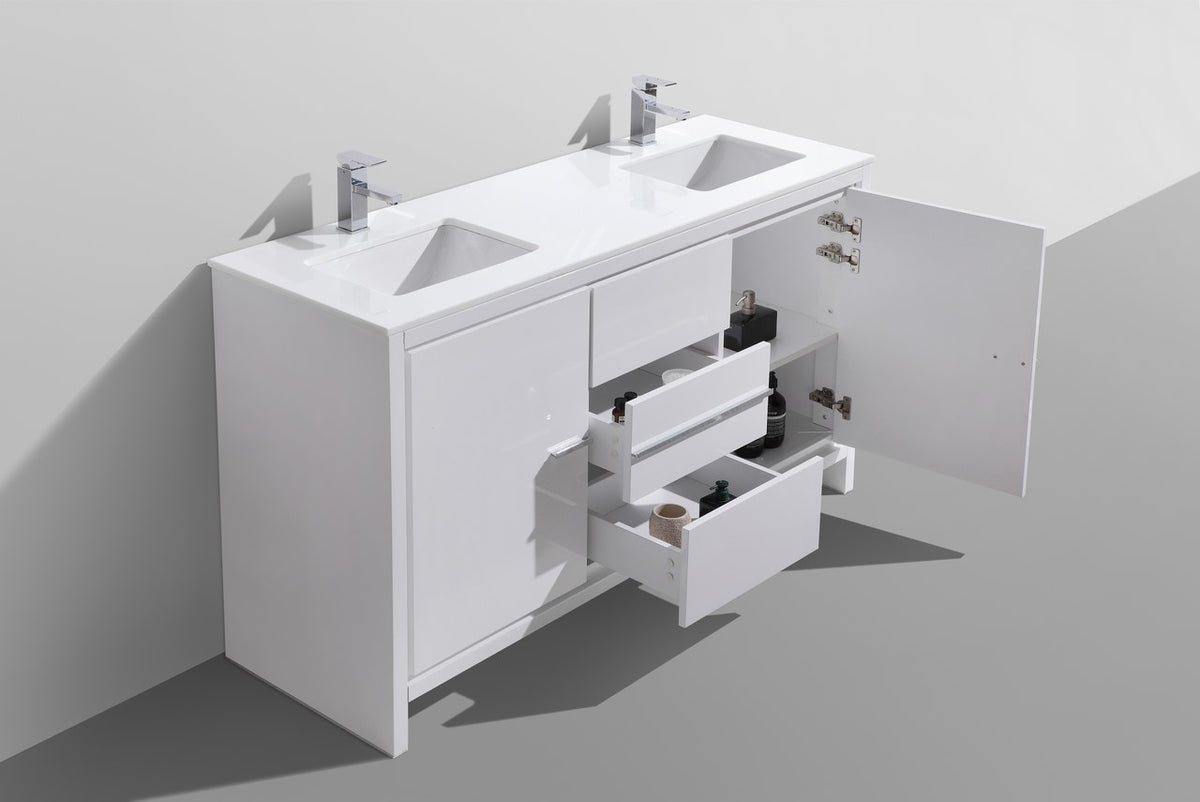 KubeBath Dolce 60″ Double Sink Modern Bathroom Vanity with Quartz Counter-Top - Gloss White (AD660DGW) view 4