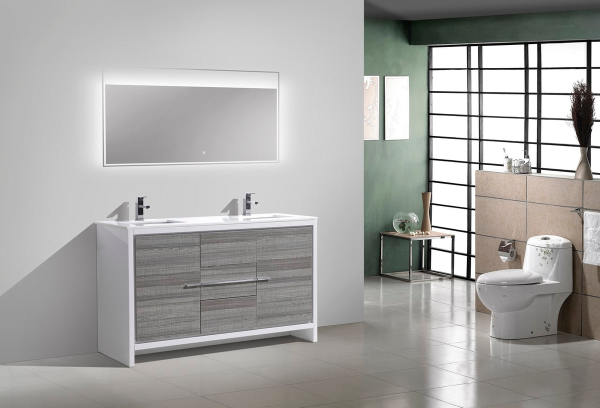 KubeBath Dolce 60″ Double Sink Modern Bathroom Vanity with Quartz Counter-Top - Ash Grey & White (AD660DHG) view 2