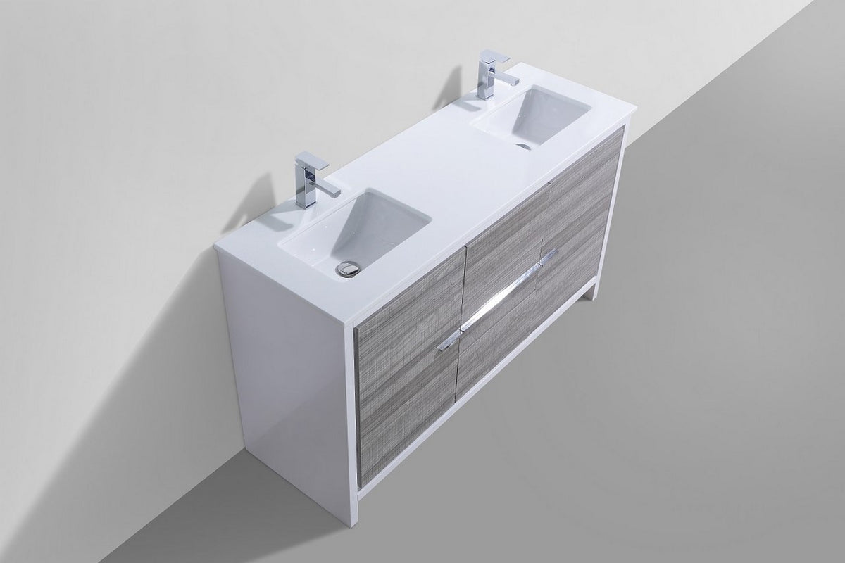 KubeBath Dolce 60″ Double Sink Modern Bathroom Vanity with Quartz Counter-Top - Ash Grey & White (AD660DHG) view 3