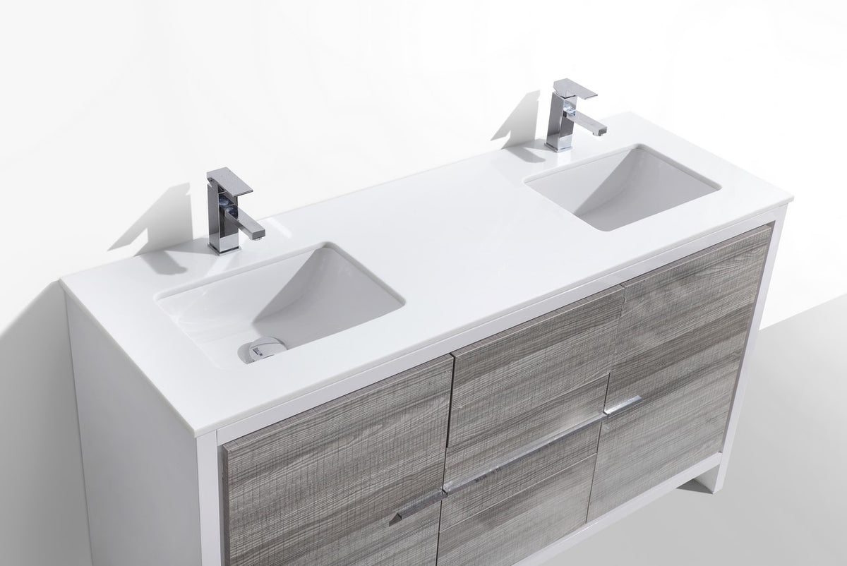 KubeBath Dolce 60″ Double Sink Modern Bathroom Vanity with Quartz Counter-Top - Ash Grey & White (AD660DHG) view 5