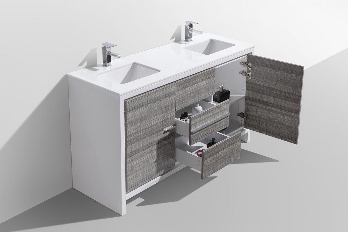 KubeBath Dolce 60″ Double Sink Modern Bathroom Vanity with Quartz Counter-Top - Ash Grey & White (AD660DHG) view 4