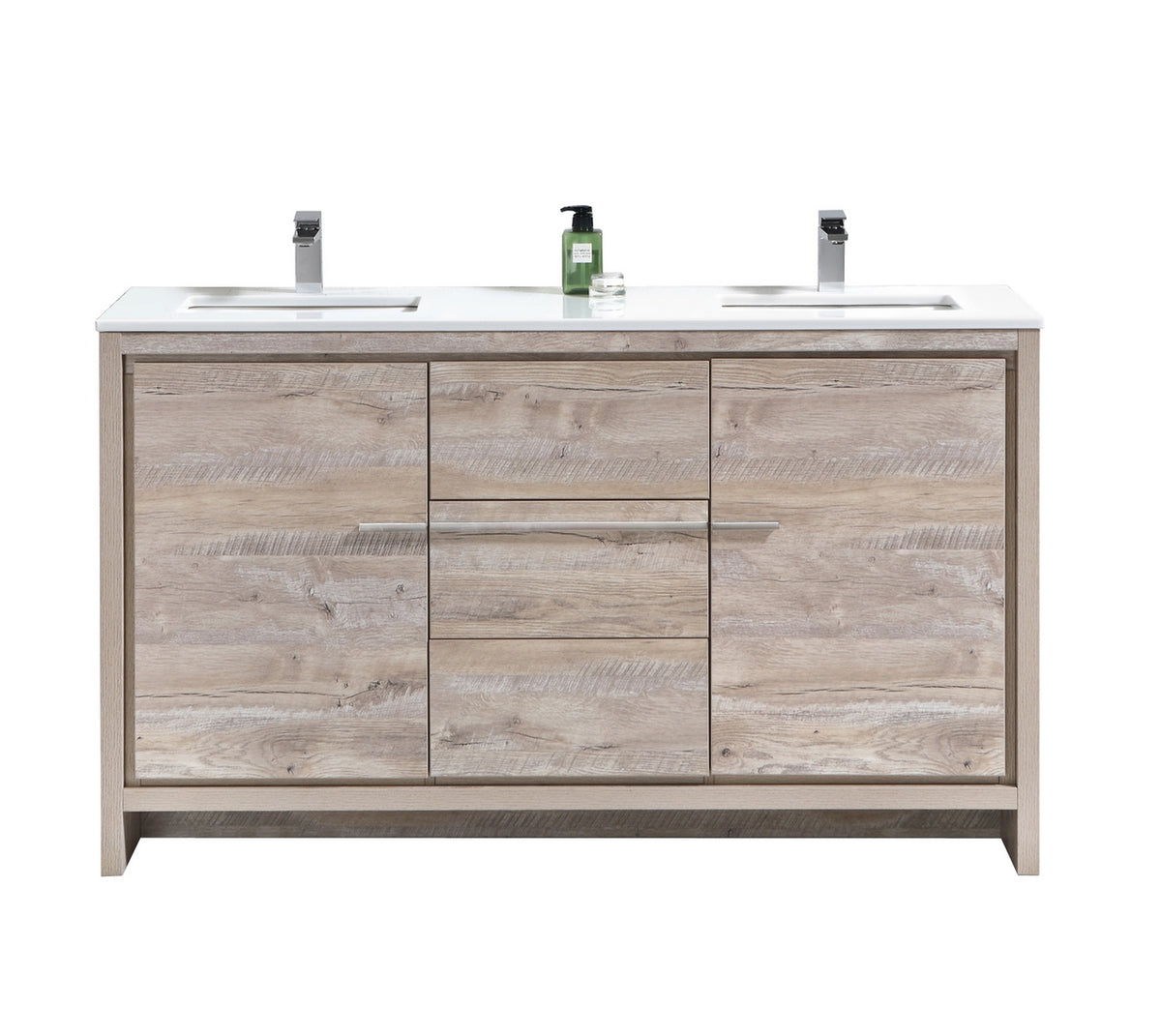 KubeBath Dolce 60″ Double Sink Modern Bathroom Vanity with Quartz Counter-Top - Nature Wood (AD660DNW)