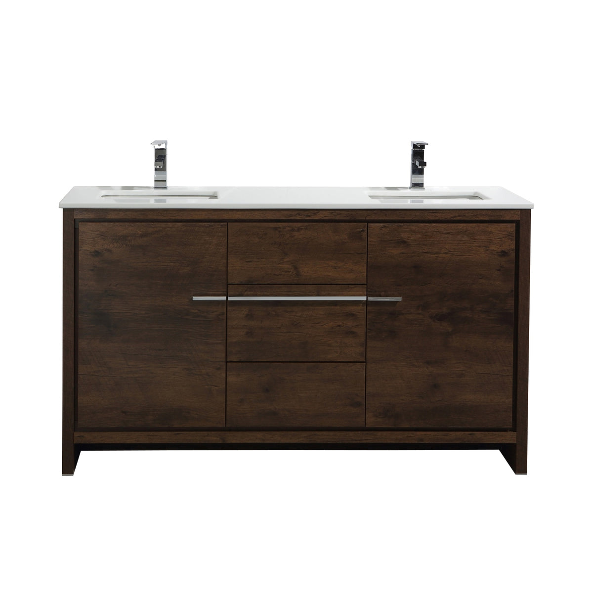 KubeBath Dolce 60″ Double Sink Modern Bathroom Vanity with Quartz Counter-Top - Rosewood (AD660DRW)
