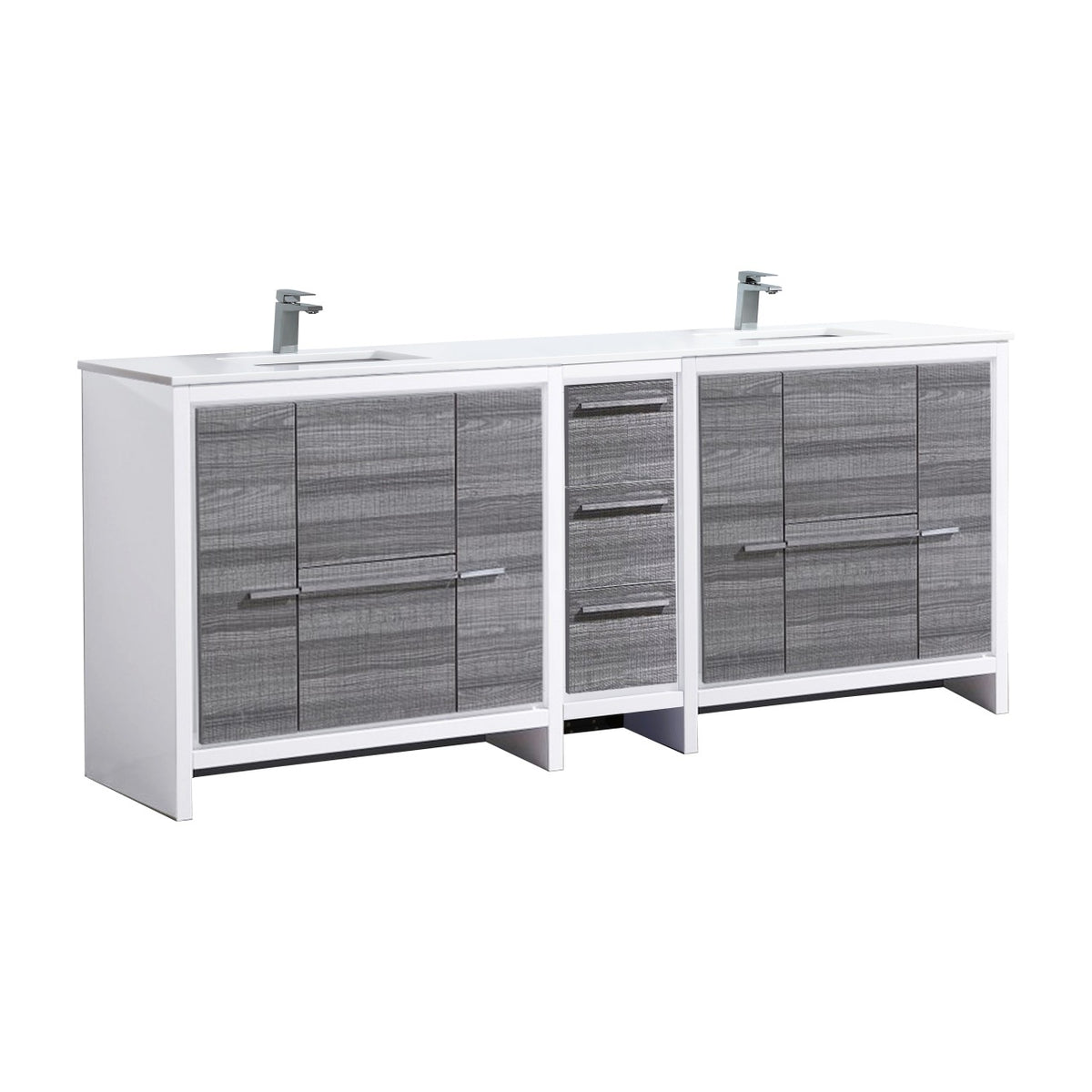 KubeBath Dolce 84″ Double Sink Modern Bathroom Vanity with Quartz Counter-Top - Ash Grey & White (AD684HG)