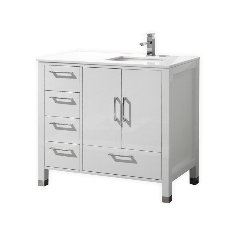 Kube Bath Anziano 36" Gloss White Vanity w/ Left Side Drawers and Quartz Countertop - Gloss White (ASL1536L-GW)