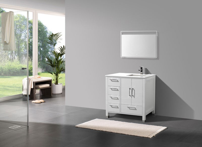Kube Bath Anziano 36" Gloss White Vanity w/ Left Side Drawers and Quartz Countertop - Gloss White (ASL1536L-GW) view 2