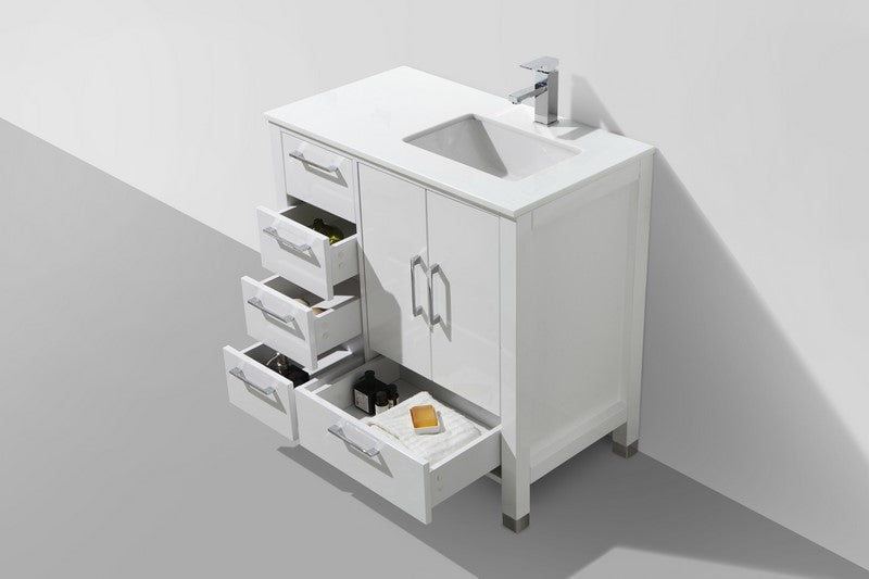Kube Bath Anziano 36" Gloss White Vanity w/ Left Side Drawers and Quartz Countertop - Gloss White (ASL1536L-GW) view 3