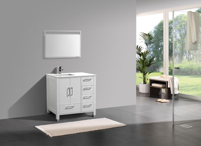 Kube Bath Anziano 36" Gloss White Vanity w/ Right Side Drawers and Quartz Countertop - Gloss White (ASL1536R-GW) view 2