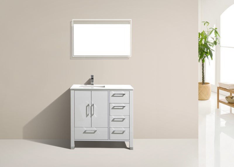 Kube Bath Anziano 36" Gloss White Vanity w/ Right Side Drawers and Quartz Countertop - Gloss White (ASL1536R-GW) view 4