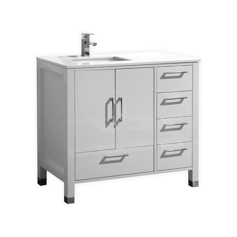 Kube Bath Anziano 36" Gloss White Vanity w/ Right Side Drawers and Quartz Countertop - Gloss White (ASL1540-GW)