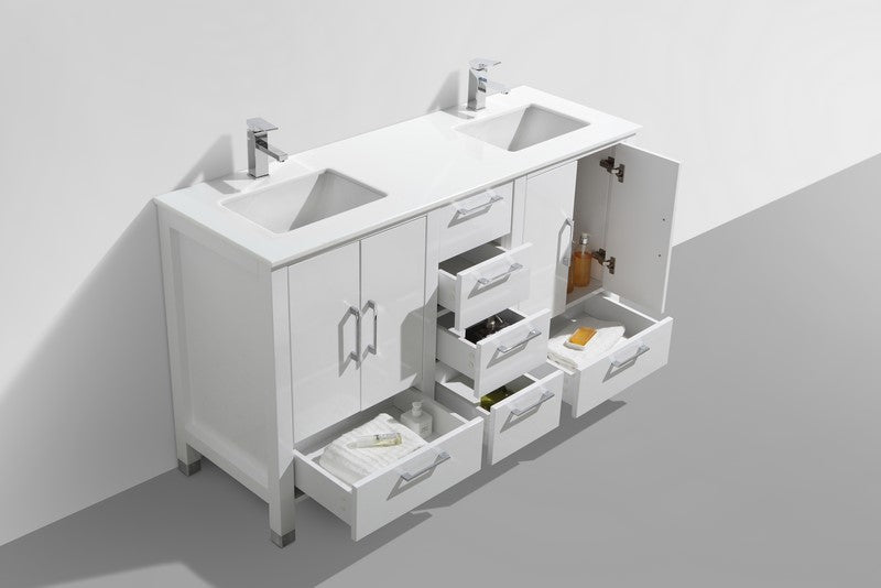 Kube Bath Anziano 60" Double Sink Gloss White Vanity w/ Quartz Countertop - Gloss White (ASL1560-GW) view 3