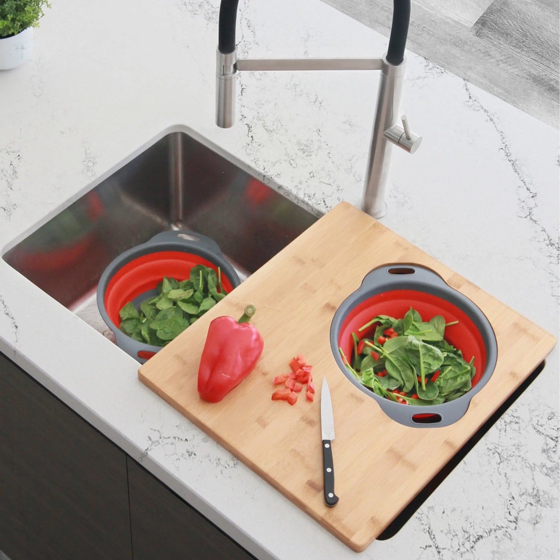 AZUNI 16 inch Kitchen Sink Bamboo Cutting Board with Colander and Bowl Set  A-907 - Plumbing Market